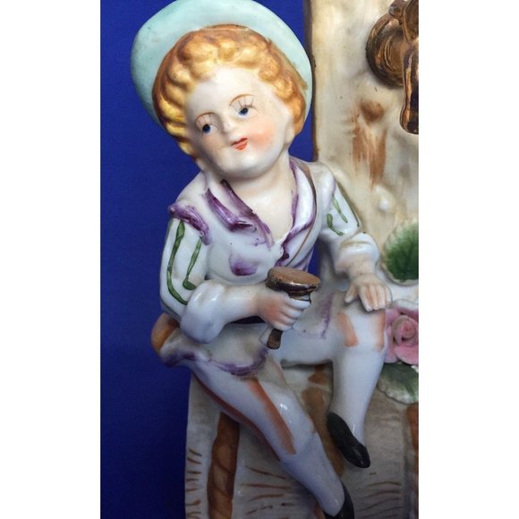 Porcelain Bud Vase Boy Figural Figurine Sitting on Water Barrel Bisque Vintage - Picture 2 of 11